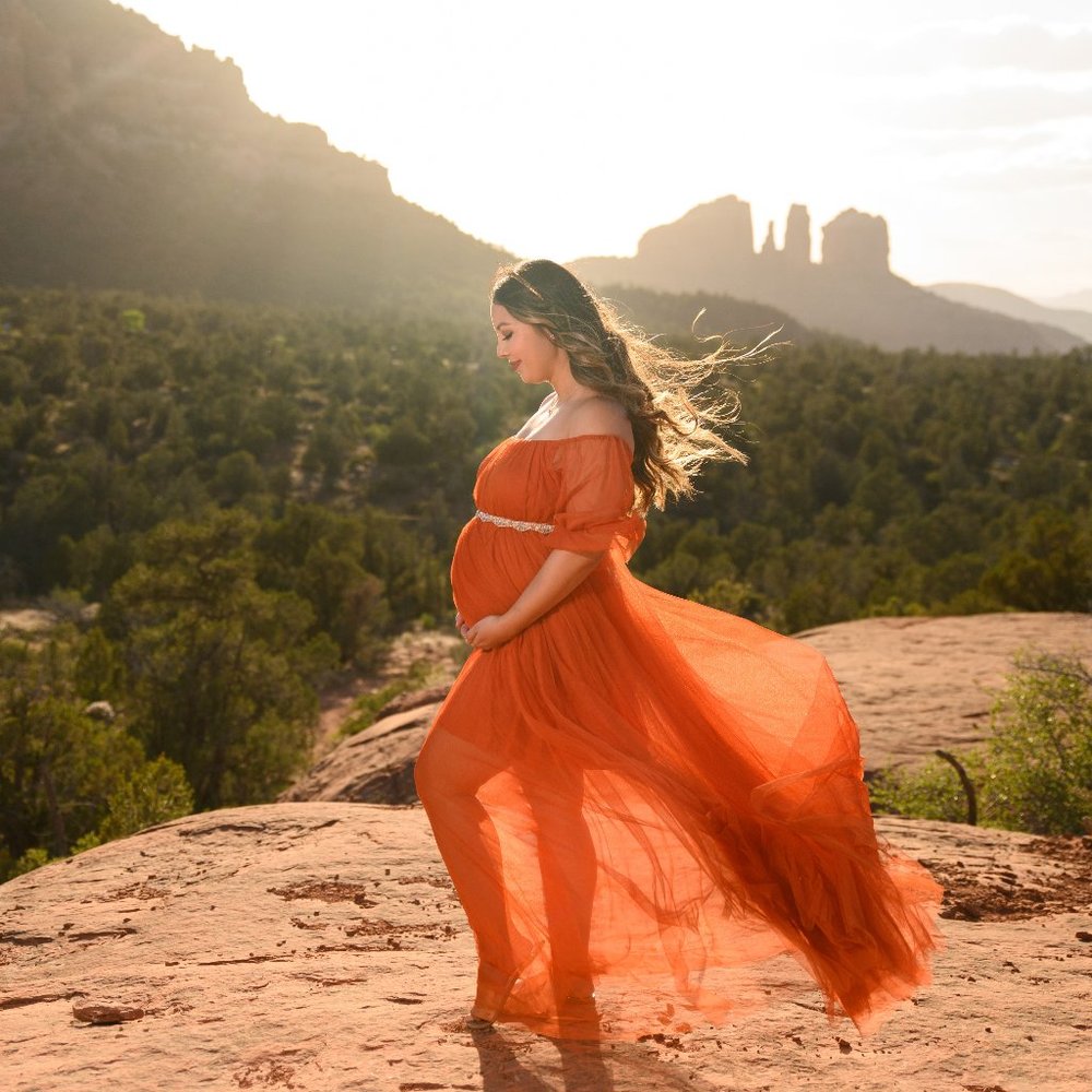 EVER-PRETTY Maternity Off-Shoulder A-line Tulle Dress in Burnt Orange (Size S)